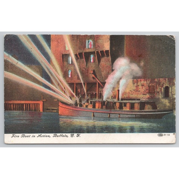 Other - Vintage Buffalo NY Firefighters Night Scene Postcard c.1910 Fire Boat